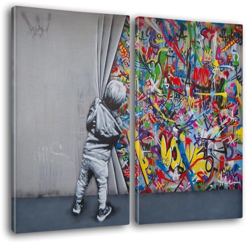 Giallobus - Große Gemälde im XXL-Format - Banksy - Street Art - Kind öffnet den Vorhang - Leinwand - 144x100cm | 2pcs. x 70x100cm - Moderne Gemälde für zu Hause