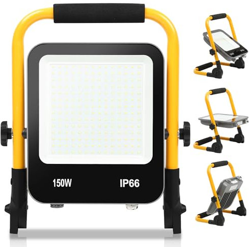 Randaco LED Baustrahler, 150W 12000LM Tragbar LED Arbeitsleuchte Baustrahler 6000K Kaltweiß Bauscheinwerfer, IP66 Wasserdicht mit 3M Kabel und Faltbarer Ständer, für Baustelle (mit Stecker)