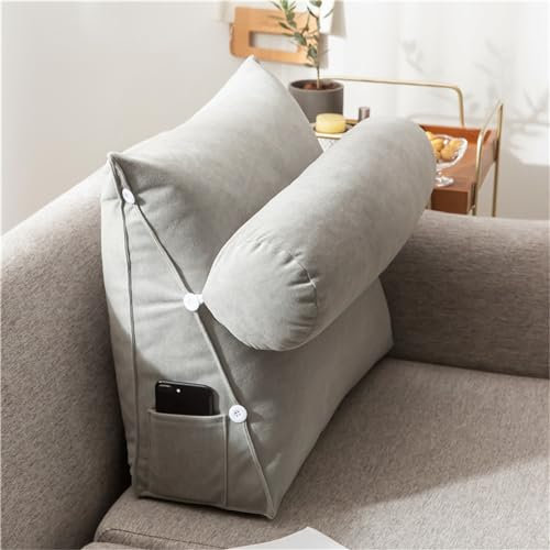 Treer Rückenkissen Lesekissen Keilkissen für Bett Sofa, Großes Lendenkissen Rückenlehne Dreieckigen Abnehmbarem Bezug Kopfteilkissen Bettkissen mit Seitenfach - Bunt (60 * 50 * 20cm,Hellgrau)