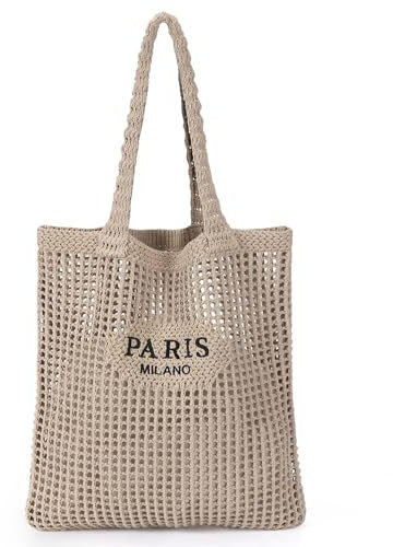 Ayieyill Häkeltasche für Damen, gehäkeltes Netzgewebe, Strandtasche, Sommer, Urlaub, ästhetische Boho-Stricktasche für Frauen, G/Helles Khaki, 15.75 inches (length) x 0.4 inches (width) x 12 inches