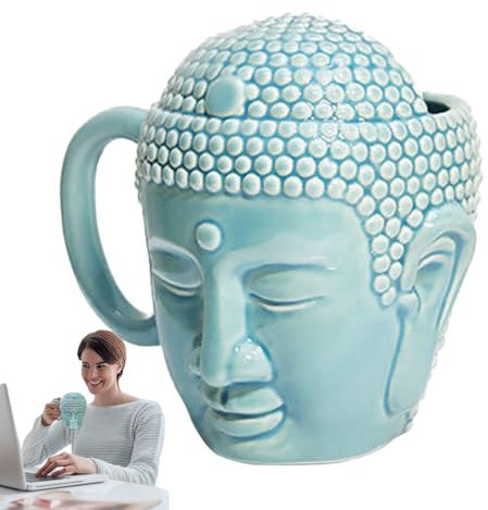 FOUNCY Taza de té de cerámica, taza de Buda, taza de té de cerámica con cabeza de Buda | Decoración Zen Home, taza de café creativa de 450 ml con buena suerte, para la decoración