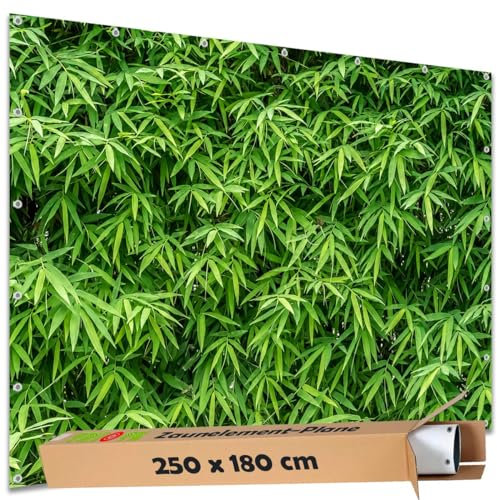 TRIOSK Sichtschutz Garten Deko Zaun Plane Blickdicht groß mit Zaunblende Motiv Bambus Pflanzen Hecke für Zaunelement Doppelstabmatten Stabmattenzaun Gartenzaun PVC 250x180 cm Grün