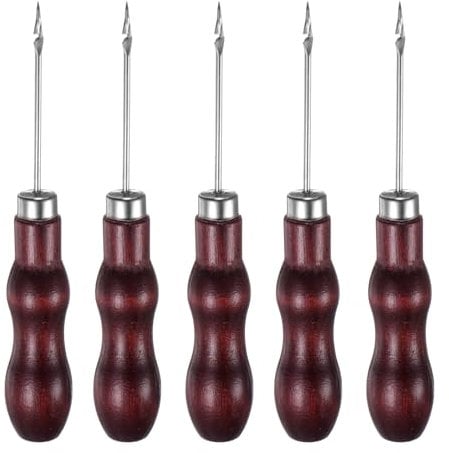 sourcing map 5pcs Handwork Sewing Awl Double Gourd Hook Head Awl Leather Punch Hole Tool with Wooden Handle Scratch for Broken Wire Drilling Stitching Repair and DIY Handmade, Rosewood Color