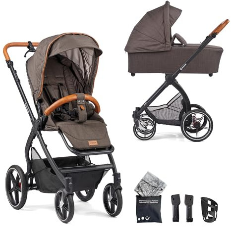 Gesslein Kinderwagen 3 in 1 FX4 STYLE, Baby Erstausstattung (leichtes Kinderwagen Set, Liege- und Sitzoption, individuell einstellbar, Fünf-Punkt-Sicherheitsgurt, mit Handbremse), Mokka