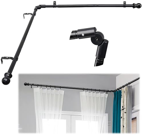 Asta per tende ad angolo per finestre, da 76 cm a 300 cm, a forma di L, curva resistente, ad angolo regolabile, adatta per binari da 2,5 cm, per camera da letto e soggiorno, nero