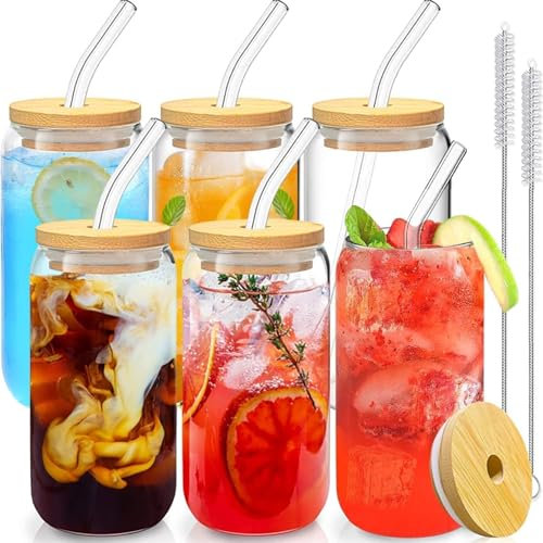 Cnwinu Set di 6 tazze da caffè ghiacciato, bicchieri con cannucce di vetro e coperchi in bambù, per acqua, tè al latte, birra, tazze da caffè in vetro per coca cola. (set da 6 pezzi)