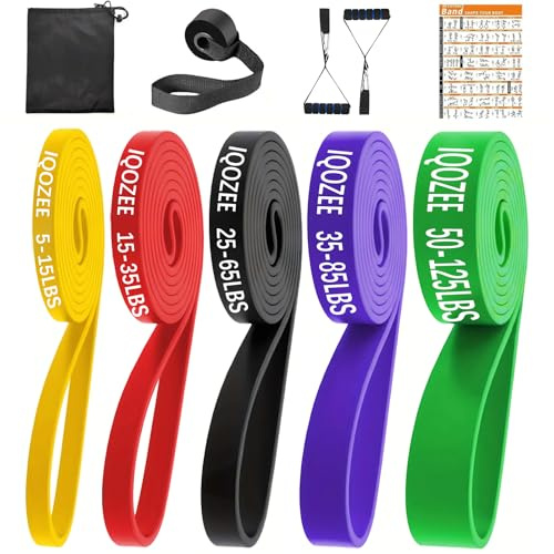 IQOZEE Resistance Bands for Men - Pull Up Bands with Door Anchor & Handles | Heavy duty resistance bands with door anchor & handles. 5 levels, 208cm. Latex-free TPE. Home gym & pull ups.