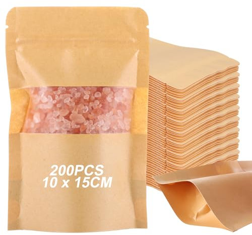 YOUNTHYE 200PCS Kraft Bags With Window, 10x15cm Kraft Paper Bags Resealable Paper Food Bags, Brown Paper Bags Multipurpose for Dried Food Nuts Coffee Tea Seeds