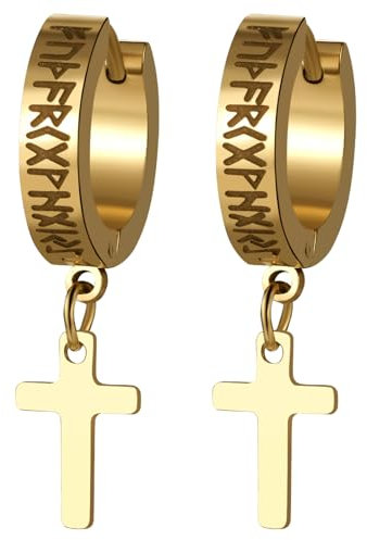 JewelryWe Wikinger Rune Kreuz Ohrringe: GoldEdelstahl Nordische Viking Runen Creolen Huggie Ohrringe mit Baumelnde Kreuz Anhänger Vintage Punk Ohrstecker Ohrschmuck für Herren Damen