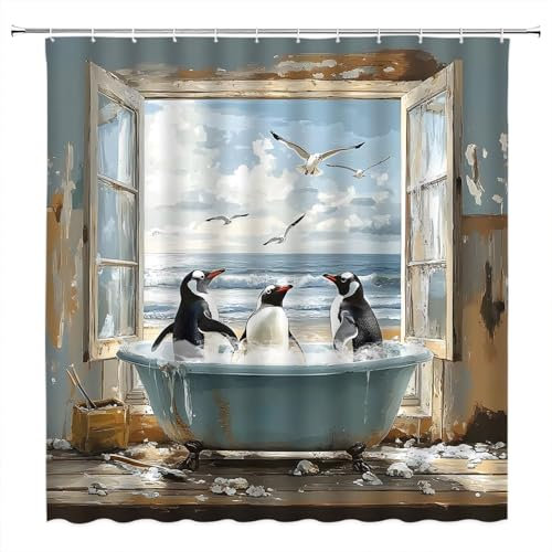 FGYGYK Lustiger Pinguin-Duschvorhang, niedlicher Tier-Pinguin in der Badewanne, Meer, Strandblick, Landschaft, moderne Polyester-Vorhänge, Badezimmer-Dekor mit Haken, 178 cm B x 178 cm H