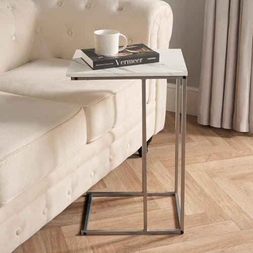OHS White End Table C Shape, Sofa Table Bedside Bedroom Living Room Coffee Table Over Sofa Metal Frame Storage Decorative End Tables Space Saver