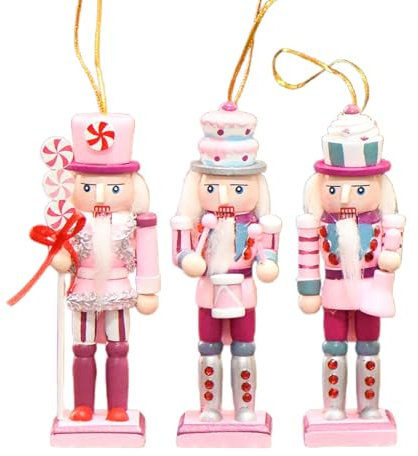 Ornamenti natalizi Schiaccianoci | Set di 3 soldato schiaccianoci in legno rosa da 10,2 cm | Bambole soldato schiaccianoci | Decorazione festiva per, tavolo e decorazioni per albero di Natale