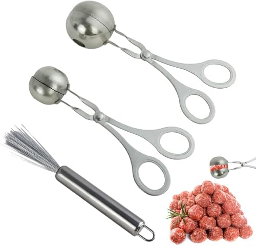 WATUNID Lot de 2 moules à boulettes de viande avec brosse de nettoyage, poignées antidérapantes, en acier inoxydable, pince à boulettes de viande, rouleau à gâteau, pince à glace (taille S, L)