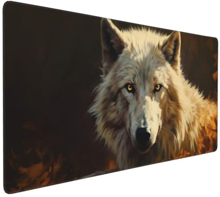 Tapis de Souris 120x60 cm Grand Tapis Souris XXL, Le loup blanc Tapis de Souris Bureau Gamer, à Bords Cousus, Base en Caoutchouc Antidérapante, Sous Main pour Clavier et Souris, Decoration Maison E-17