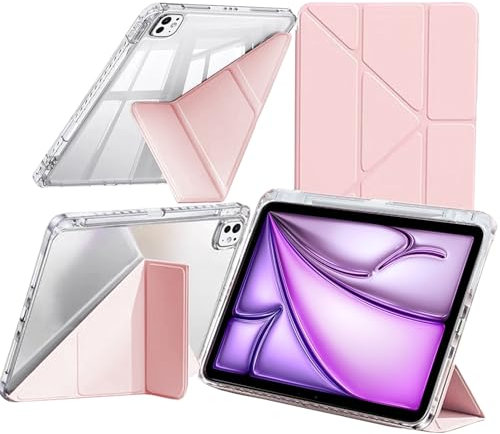 Funda Compatible con iPad Air 13 Pulgadas M2 (2024)/iPad Pro 12.9 2022/2021/2020/2018 con Portalápiz, Clara a Prueba de Golpes, Soporte Plegable 6 en 1, Pencil Pro/USB-C, Rosa