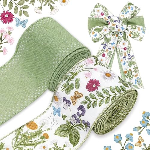 2 Rollen Grüne Blumenband mit Drahtrand, Retro Wildblumen Stoffband Frühlings Deko- für DIY Verpacken von Geschenken Kränzen Schleifen Hochzeiten Geburtstagsfeiern, 4.5 M, Craft Ribbon (Grüne)