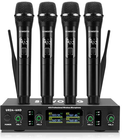SOWOITIG 4-Kanal UHF Funkmikrofon Set mit 4 kabellosen Handmikrofonen – Pro Drahtloses Mikrofon Mikrofonsystem mit Empfänger, 90 m Reichweite – für Zuhause, Party, Karaoke, Familienfeier & Events