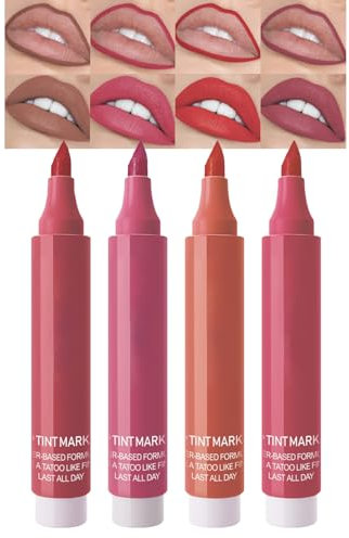 Lip Stain Set, 4 Farben Wasserfest & Lang Anhaltend Lip Tint mit Matte Finish, Hochpigmentiert & Wischfest Flüssigkeit Lipliner Tattoo, Natürlich Definierend Lippenkonturenstift, Lippen Make Up Set