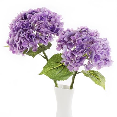 huaao Lot de 2 grandes fleurs d'hortensia artificielles comme de véritables longues tiges - Bouquets de fleurs d'hortensia - Décoration pour mariage, bureau, centre de table, salon, fête, Violet