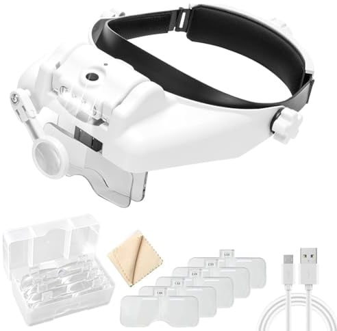 Lupe mit Licht, Headband Magnifier Glasses, USB Ladung Lupenbrille mit 3 LED Licht & 2 Einstellbarer Helligkeit, Stirnbandlupe für Modellbau, Lesen, Juweliere, Basteln, 1.0X,1.5X,2.0X,2.5X,3.5X,8.0X