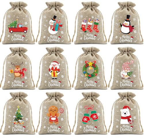 Lxtness 12 Stück Weihnachten Jute Tüten, Chirstmas Burlap Bags Weihnachten Beutel Kordelzug Hessische Geschenktüten für Xmas Weihnachtsdekoration Weihnachtsfeier