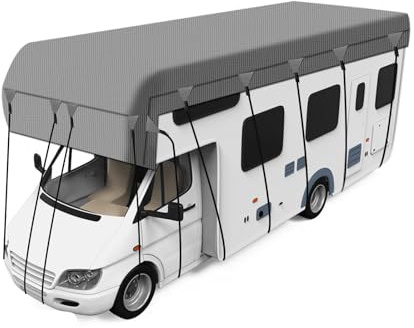 Wohnwagen-Wohnmobil-Schutzdachschutzabdeckung, strapazierfähige 4-lagige wasserdichte Dachtop-Autoabdeckung, Allwetterschutz-Autoabdeckung für draußen, Sonne, Regen, Staub, UV-Schutz (3 x 7,5 m)