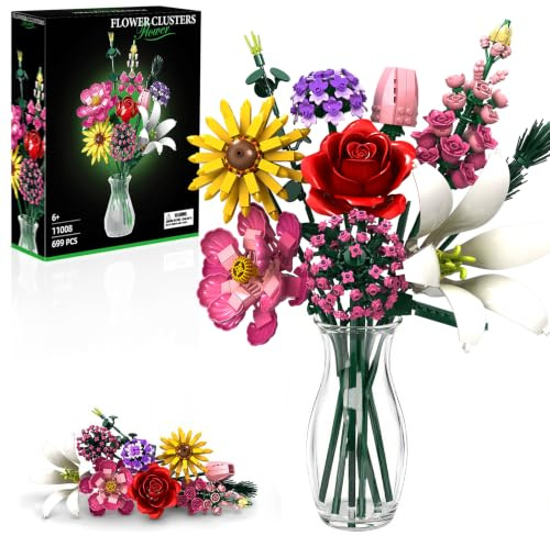 Rongmeiz Blumenstrauß Baukasten, Blumenstrauß-Bausatz-Set, 721 Teile Ewiger Strauß mit Pfingstrose, Rose, Sonnenblume, Lilie, DIY Deko & Geschenk zum Muttertag/Valentinstag, Bausteine ab 6 Jahren