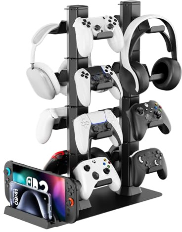 Porta Controller Gaming e Cuffie da Scrivania, Supporto Joystick a 4 Livelli con Organizer per Console Switch 2/1/PS Portal, Supporto Controllor e Cuffi con 16 Ganci, Organizer per Controller e Cuffi