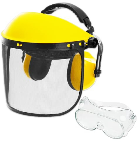Spares2go Face Shield Ear Muffs Safety Goggles Kit Adjustable Mesh Visor Eyes Ears Protection PPE Set (One Size Fits All)