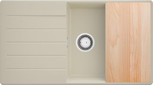 PRIMAGRAN Lavello da Cucina Beige 90x50cm, Lavandino in Granito a 1 vasca + Sifone Classico + Tagliere, Lavabo Incasso al mobile 60cm - Copenhagen S461