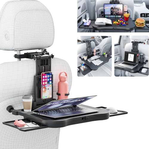 TINMAGI Tavolino per Auto, Tavolo da Pranzo per Sedile Posteriore Passeggero, Scrivania con Portabicchieri e Supporto per Cellulare, Supporto Multifunzione per Computer Portatile Pieghevole