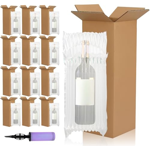 25 Sets Wine Bottle Shipping Box, Single Glass Package Cardboard Bulk | Include Protector Bags & Inflatable Pump, Travel Champagne Beer Boxes for Safety Shipping Moving Package Transportation