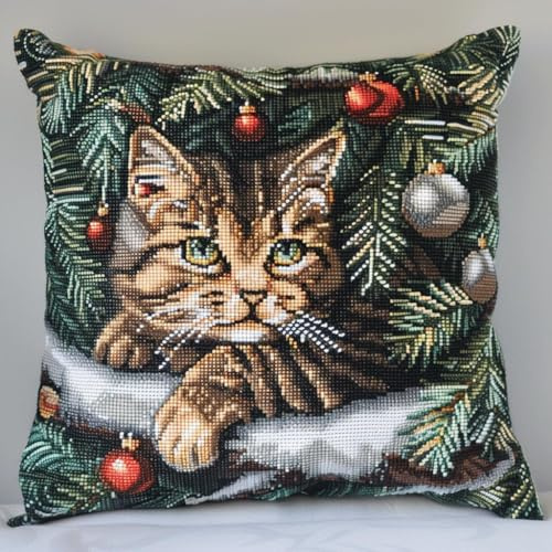 RKFLGEW DIY Latch Hook Kits 17X17 Inch, Cat Under The Christmas Tree Pattern Printed Throw Pillow Case Cushion Cover - Home Decoration Crochet Needlework Crafts with Latch Hook Tool for Kids and ADU