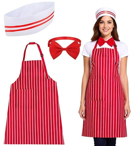 3 Stück Schürze Und Kochmütze Set,Kellner Kostüm im 50er Jahre Stil,mit Rot Weiß Gestreifte Schürze Kochmütze Fliege,Popcorn Kostüm,Koch Outfit Erwachsene für BBQ Küche Gartenarbeit Karneval Party
