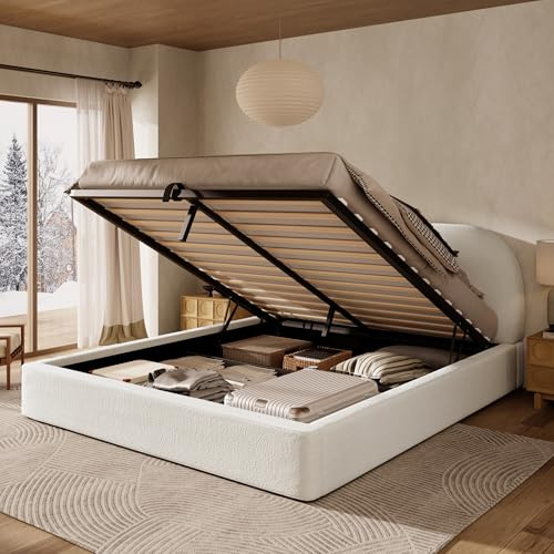 Generisch Polsterbett, Doppelbett, 180 x 200cm, Beige Bouclé, hydraulisches Funktionsbett, mit Lattenrost, Kopfteil und großem Stauraum, gepolstertes Kopfteil, ohne Matratze