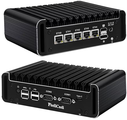 PeeliCeeli Lüfterlos Mini PC J6413 Processor, Micro Firewall Appliance 5X i226-V 2.5 Gigabit LAN, 2 RS232 COM, Triple 4K HD/DP/USB C, OPNsense Industrial Computer, DDR4, 8GB RAM 256GB SSD