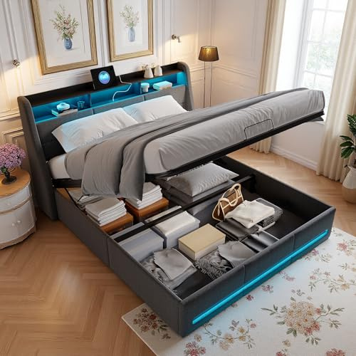 LieABak Boxspringbett 160x200cm mit Stauraum-Kopfteil, Polsterbett Doppelbett mit Lattenrost, Hydraulisch Stauraumbett mit Bettkasten, Jugendbett Bettgestell, Leinen,Grau (160x200 cm)