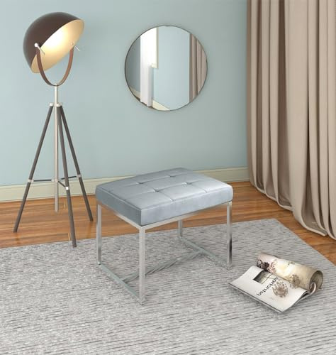 Hallowood Furniture Finley Grey Dressing Table Stool with Chrome Metal Legs | Cushioned Seat Velvet Footstool, Dressing Table Chair, Grey Foot Stool, Stylish Living Room, Hallway and Bedroom Furniture