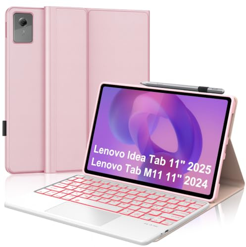 FOGARI Per Lenovo Idea Tab 2025 11/Tab M11 2024 11 Pollici Cover Tastiera | Custodia Tastiera Bluetooth Rimovibile con Retroilluminazione 7 colori e Touchpad, Keyboard Wireless Portatile, Rosa
