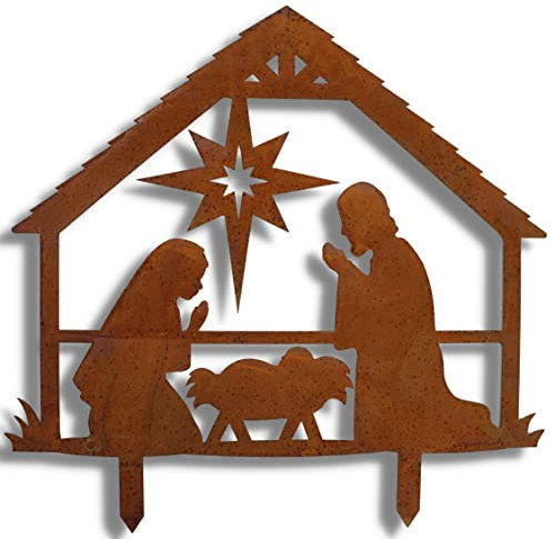 Rostikal Krippe Weihnachten 28 x 35 cm mit Figuren Edelrost Gartenstecker Gartendeko