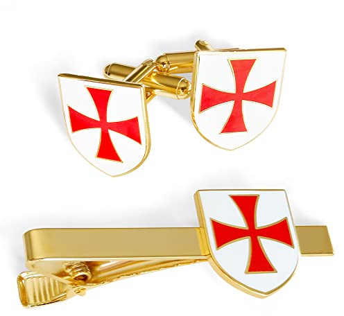 THE MASONIC COLLECTION - Juego de gemelos y corbata dorados de caballeros templarios para hombre, revestimiento esmaltado rojo y blanco, viene en bolsa de terciopelo/caja de gemelos, regalos masones