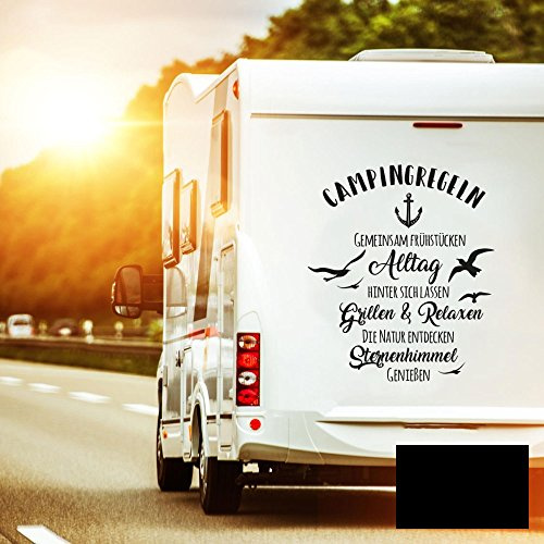 Autotattoo Camping Heckscheibenaufkleber Wohnwagen Sticker Campingregeln Autosticker Wohnmobil M2376 - ausgewählte Farbe: *schwarz* ausgewählte Größe: *M - 80cm hoch x 70cm breit*
