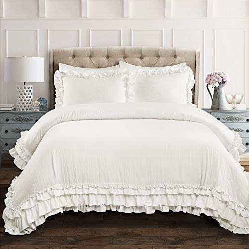 Lush Decor - Bettdecken-Set, luxuriöse Bettwäsche mit passenden Kissenbezügen, Rüschen-Spitzen-Design, Shabby-Chic-Raumdekoration (Ella White, Full/Queen)