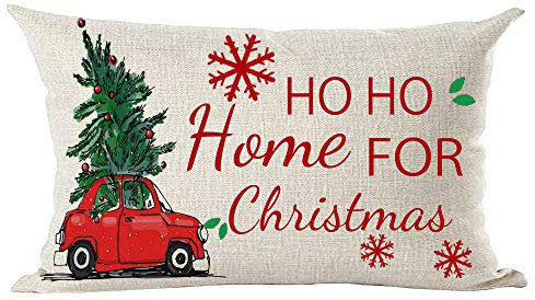 ramirar rotes Wort Kunst Zitat Ho Heim für Weihnachten Neujahr Schneeflocken Grüner Baum dekorativer Lendenkissenbezug Kissen Home Wohnzimmer Bett Sofa Auto Baumwolle Leinen rechteckig 30,5 x 50,8 cm