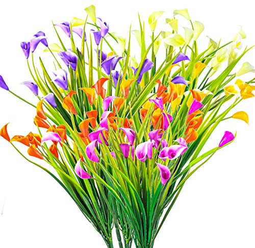 Yibaijia 6PCS Artificial Flowers, Plastic UV Resistant Silk Flowers, Fake Artificial Plants Calla Lily Indoor and Outdoor Shrubs Hanging Planter Home Garden Decoration (Five Colors)
