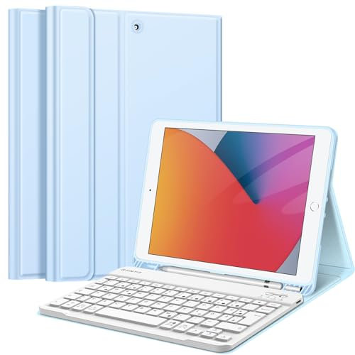 FINTIE Tastatur Hülle für iPad 10.2 Zoll (9/8/ 7 Generation - 2021/2020/2019), Schutzhülle mit TPU Rückschale, Pencil Halter und magnetisch Abnehmbarer Tastatur mit QWERTZ Layout, Himmelblau