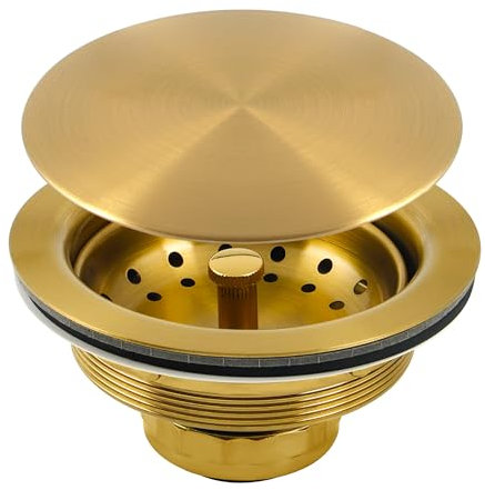 LQS Kitchen Sink Drain Assembly, Sink Drain Basket Strainer, Stainless Steel Removable Sink Strainer Basket and Stopper with Decor Flat Cover 3-1/2-inches Gold