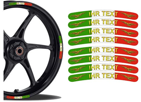 8 Stück Hochwertige Felgenrand Aufkleber Sticker UV&Waschanlagenfest Decal Komplett Set für Vorder und Hinterreifen GP Style Motorrad Auto Q24 Rim Wunschtext Adler Italien