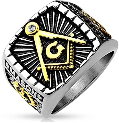 Paula & Fritz® Ring Herren Freimaurer-Gussring 316L Chirurgenstahl Größe 59 (18,8) 8-mm Breit Silber Gold Damenring Partnerring Ehering Bandring