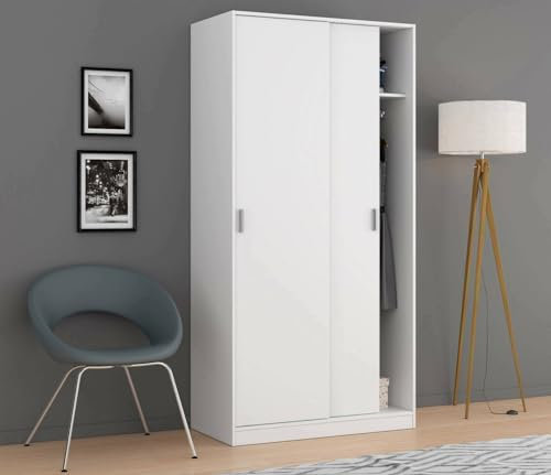Dmora Kleiderschrank Lansing, Schlafzimmer-Schrank mit 2 Schiebetüren, Schrank mit Ablage und Kleiderstange, 100 x 50 x 200 cm, Weiß